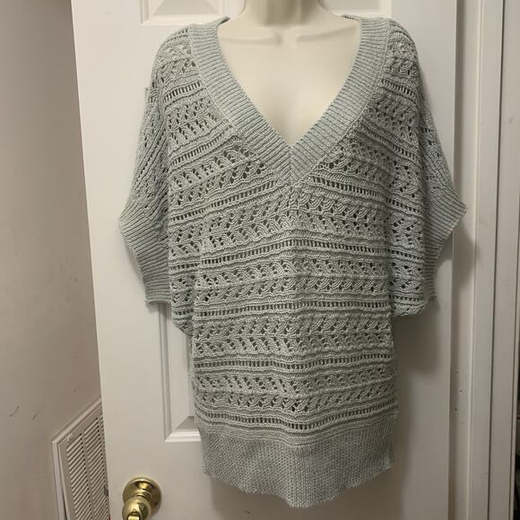 WHBM Open Crochet Knit SweaterLarge Gray Beige Silver Short Dolman Sleeve - Picture 1 of 8